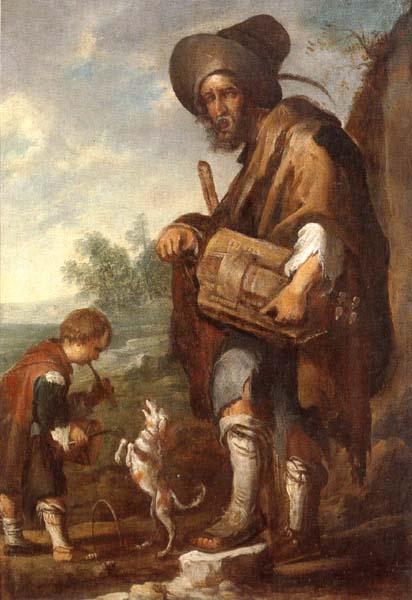 unknow artist A Blind man playing a hurdy-gurdy,together with a young boy playing the drums,with a dancing dog Sweden oil painting art